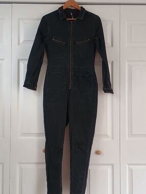 Free People Black Denim Long Sleeve Zip-Front Jumpsuit